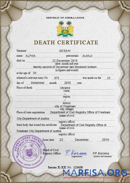 Printable Sierra Leone vital record death certificate PSD template